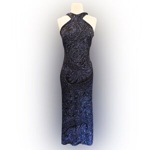 Morgan & Co Black Halter with Blue Glittery Swirl Design, Backless Maxi Dress